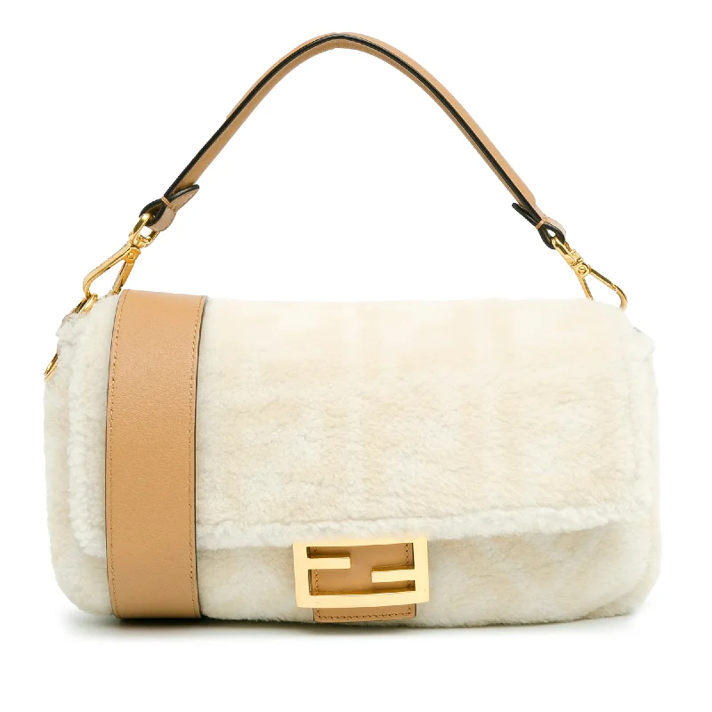 Fendi By The Way bags with a 3D - printed FF logo for a modern and textured lookWhite Fendi Small Zucca Shearling Baguette Satchel