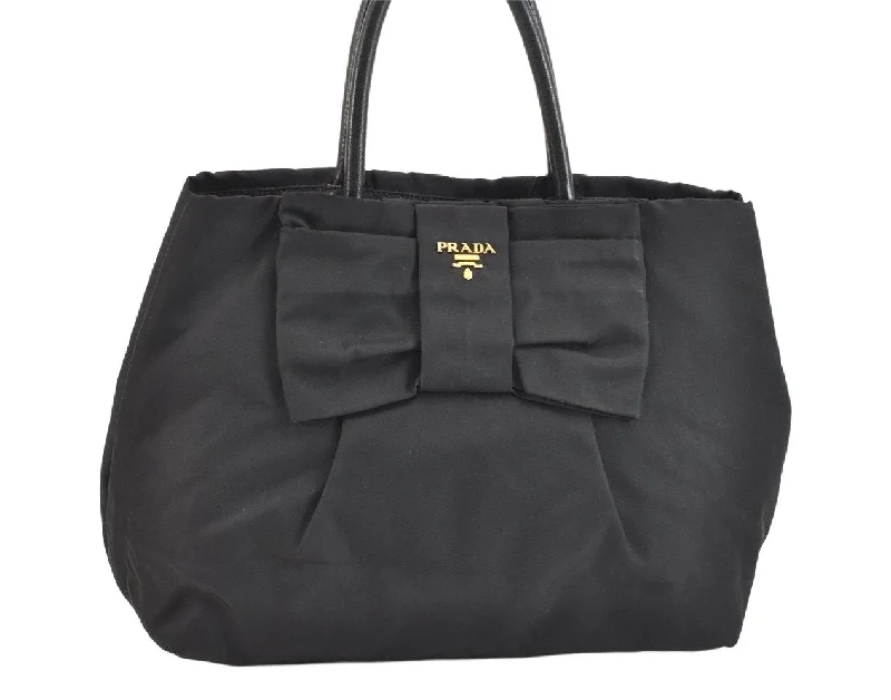 Prada Cleo bags with a crystal - embellished logo for added luxuryAuthentic PRADA Tessuto Fiocco Ribbon Nylon Leather Hand Tote Bag Black 7620K