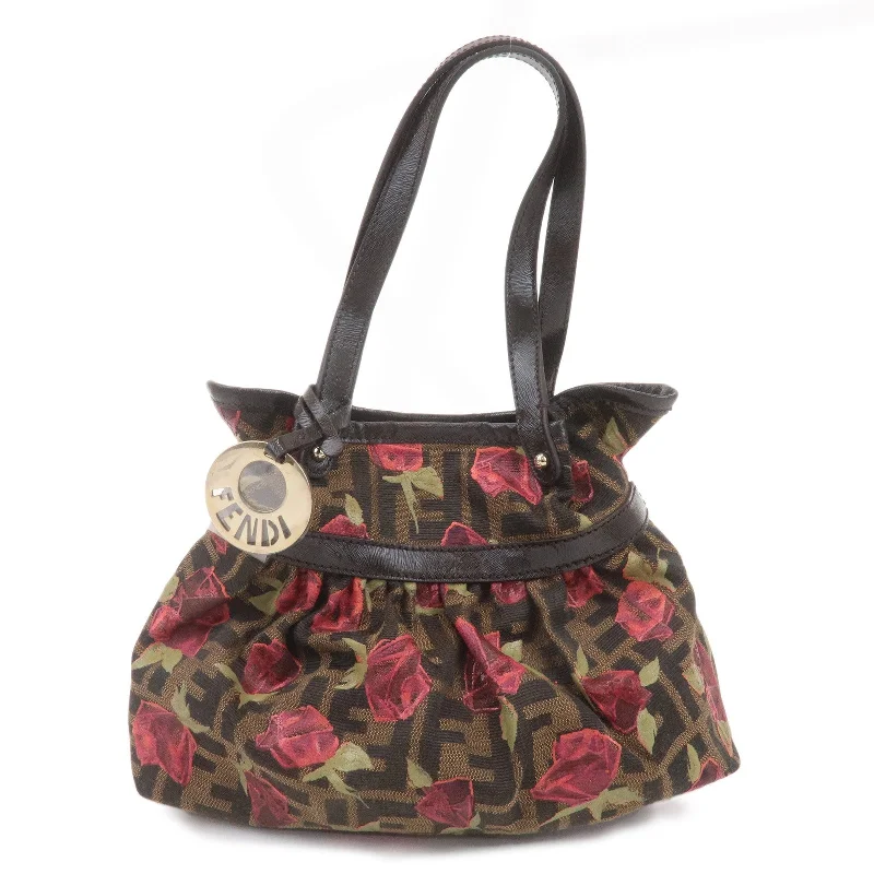 Fendi By The Way bags with a contrast - colored interior for visual interestFENDI Zucca Canvas Leather Rose Print Hand Bag Brown Black 8BH212