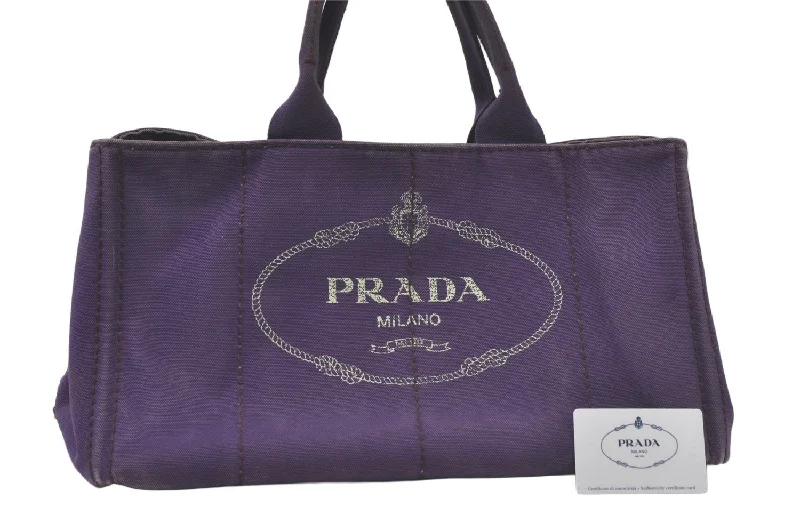 Prada bags with a front - flap pocket for quick access to essentialsAuthentic PRADA CANAPA L Vintage Tote Hand Bag Canvas BN1872 Purple 7594K