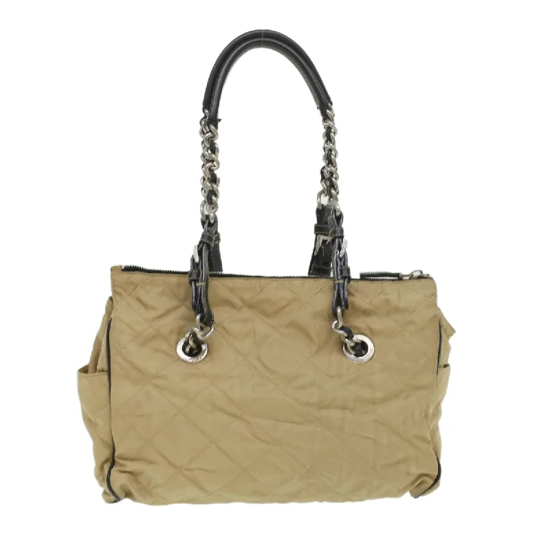 Prada handbags with a metal - framed clasp for durability and stylePRADA Quilted Chain Shoulder Bag Nylon Beige  ar8728