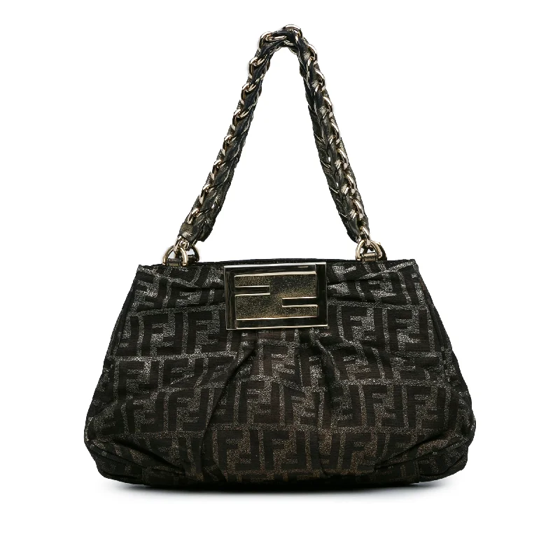 Fendi tote bags with a double - zip closure for enhanced securityBrown Fendi Small Zucca Metallic Canvas Mia Shoulder Bag