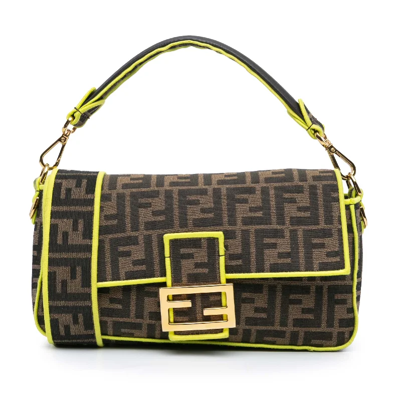 Fendi By The Way bags with a leather - wrapped drawstring for a luxurious and tactile feelBrown Fendi Medium Zucca Canvas Fluo Trim Baguette Satchel