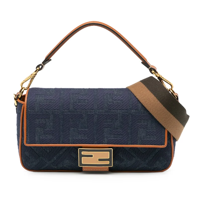 Fendi tote bags with a solar - powered charging panel for eco - friendly chargingBlue Fendi Zucca Embroidered Denim Baguette Satchel