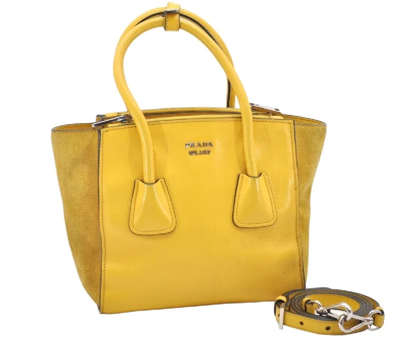 Medium - sized Prada tote bags in classic black for everyday versatilityAuthentic PRADA Leather Nappa Suede 2Way Shoulder Hand Bag Purse Yellow 7513K