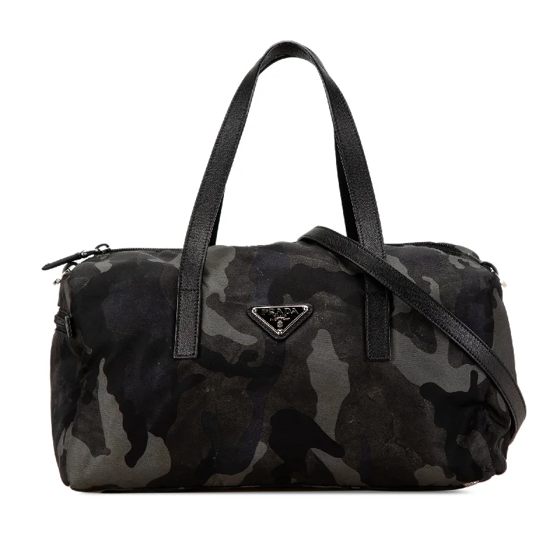 Prada Cleo bags with a curved shape and a chain - link shoulder strapGray Prada Tessuto Camouflage and Saffiano Satchel