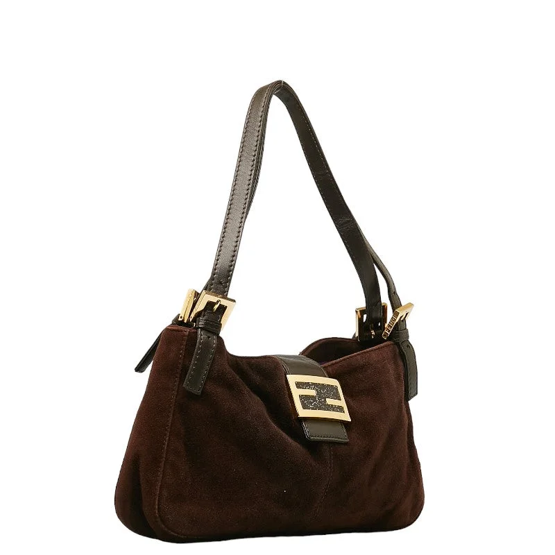 Fendi tote bags with a snap - button closure and a decorative charm for a fashionable and personalized lookFENDI Mamma Bucket Handbag in Suede Leather Brown