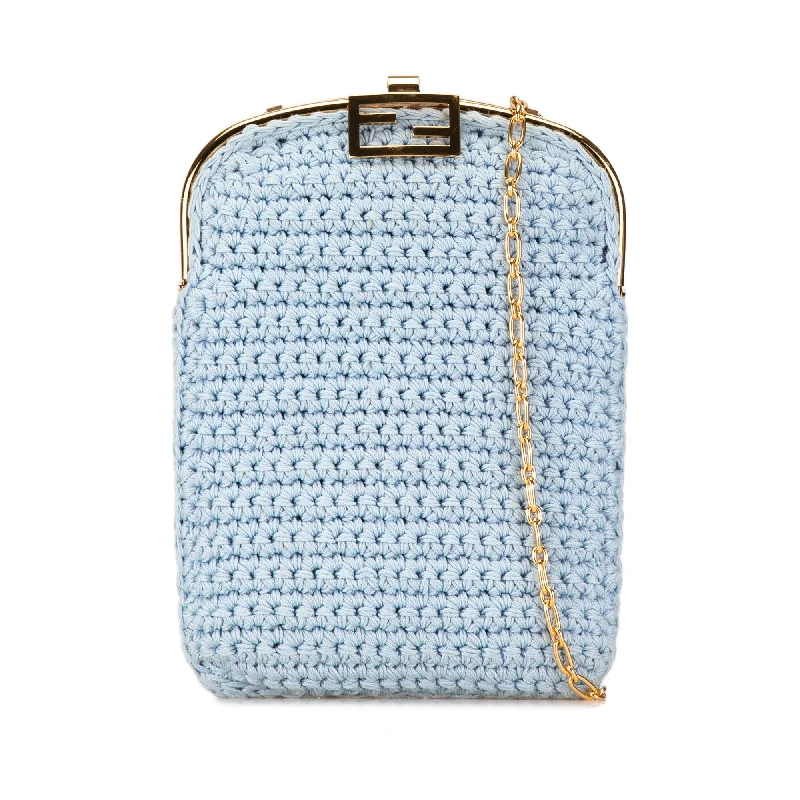 Ladies Fendi shoulder bags with a detachable scarf strap for a stylish and versatile optionBlue Fendi Crochet Baguette Phone Bag