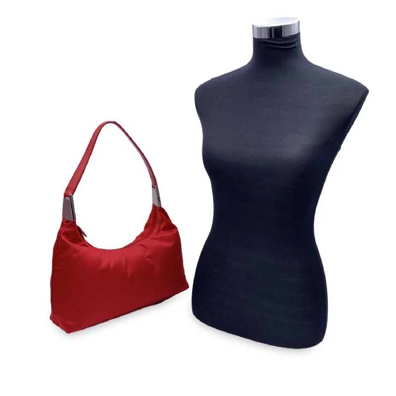 Prada Galleria bags with a structured silhouette for a professional lookPRADA Red Tessuto Nylon Hobo Bag With Leather Strap