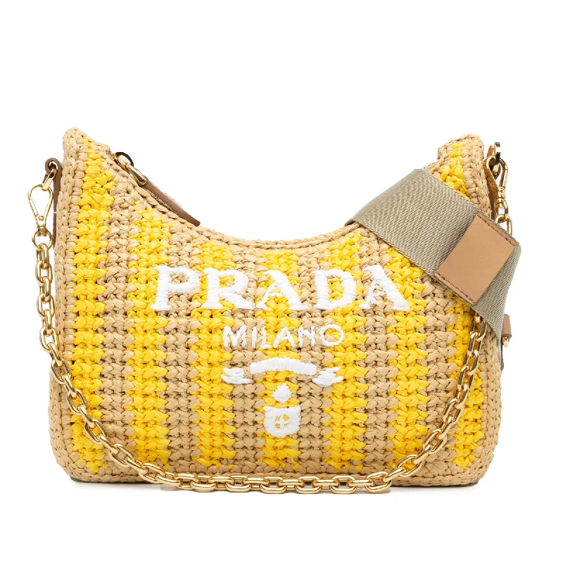 Prada bags with a back - zip pocket for storing valuables securelyBrown Prada Raffia Effect Crochet Striped Re-Edition 2005 Satchel