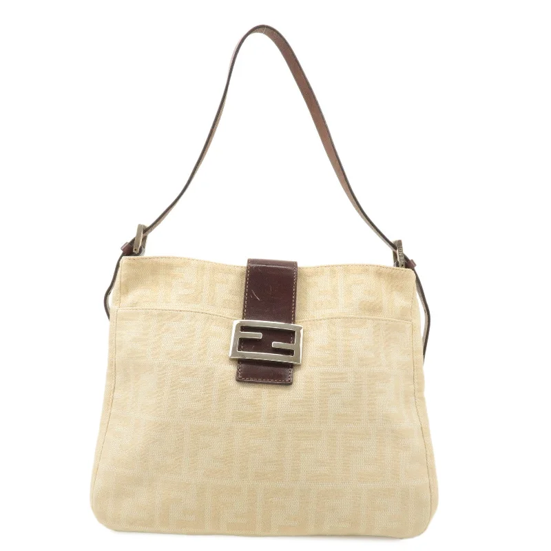 Fendi bags with a voice - activated pocket opener for a high - tech convenienceFENDI Zucca Canvas Leather Shoulder Bag Brown Beige 26727