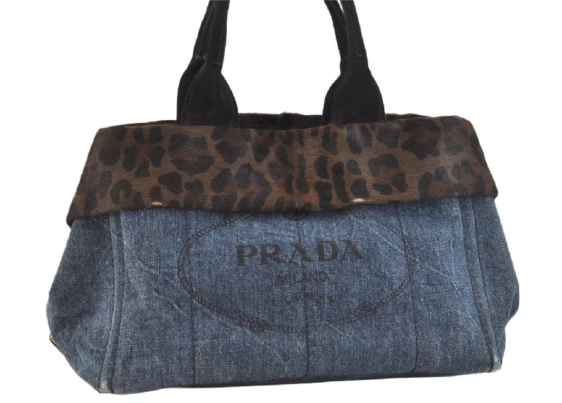 Prada Cahier bags with a leather - wrapped handle for a luxurious feelAuthentic PRADA Canapa M Denim Unborn Calf Leather Tote Hand Bag Blue 7574K