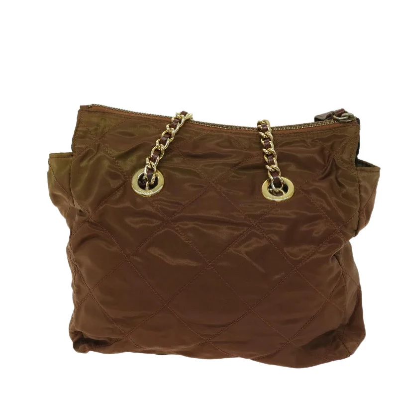 Prada bags with a front - zip pocket for small items like cards and keysPRADA Quilted Chain Shoulder Bag Nylon Brown  68274