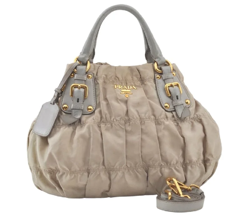 Prada bags with a chain - link trim and a leather body for a modern and stylish edgeAuthentic PRADA Tessuto Gaufre Nylon Leather 2Way Shoulder Hand Bag Beige 7532K