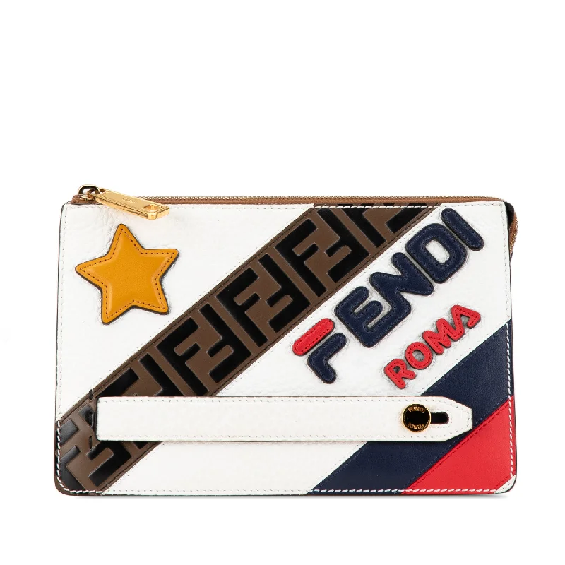 Ladies Fendi shoulder bags with a detachable key fob for easy key managementWhite Fendi x Fila Logo Mania Clutch