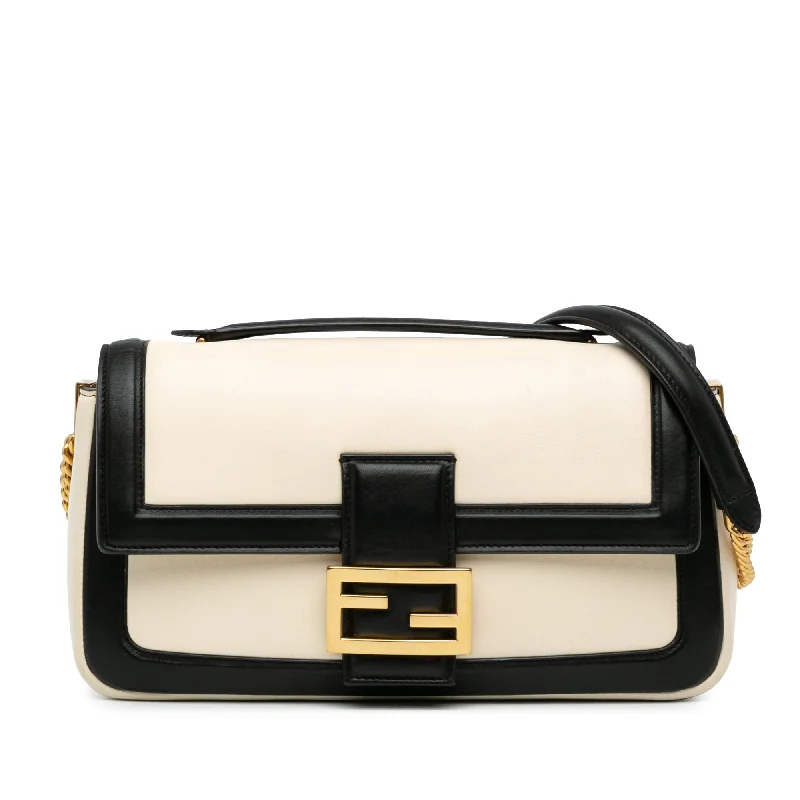 Fendi Baguette bags with a glitter - infused leather surface for a glamorous and sparkly lookWhite Fendi Bicolor Leather Chain Midi Baguette Shoulder Bag