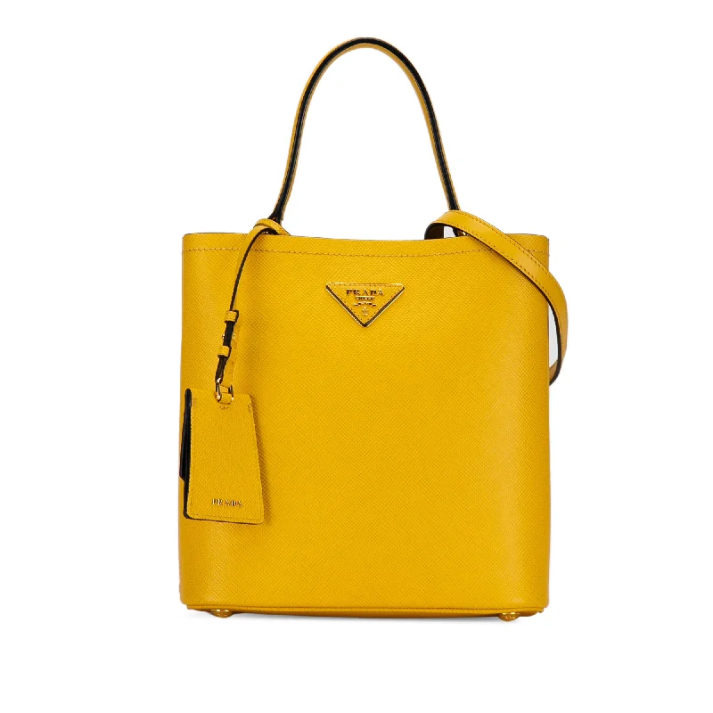 Prada nylon backpacks with a sleek, minimalist appearanceYellow Prada Medium Saffiano Cuir Panier Satchel