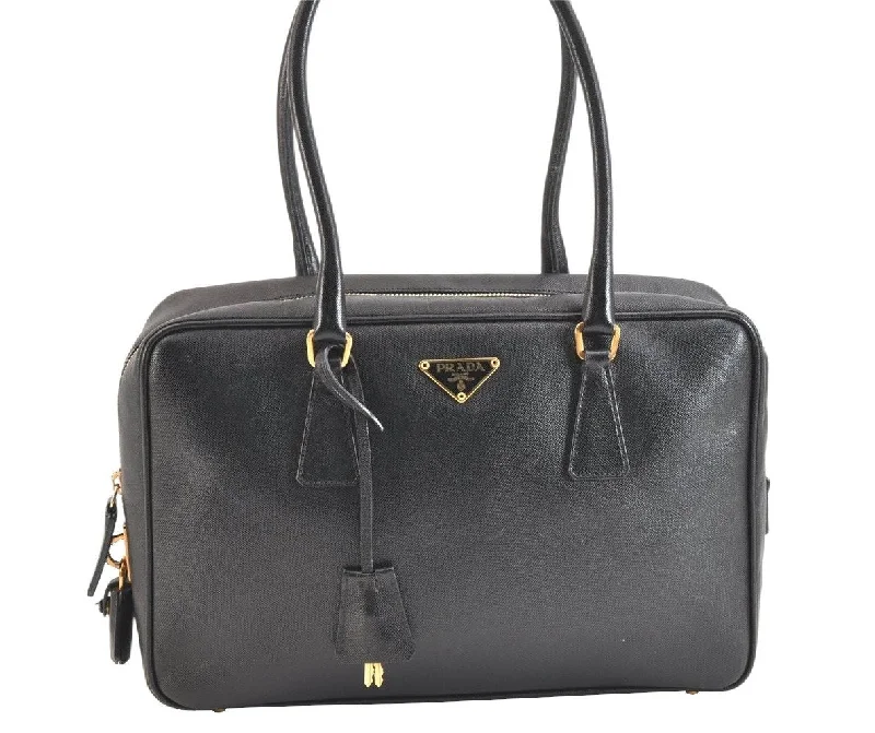 Prada handbags with a beaded trim for a touch of glamour and eleganceAuthentic PRADA Vintage Saffiano Leather Shoulder Hand Bag Black 7403K