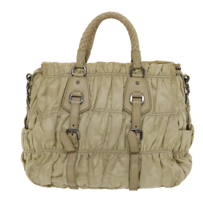 Prada bags with a snap - button closure and a decorative charm for a fashionable lookPRADA Hand Bag Nylon Leather 2way Beige Cream  49307