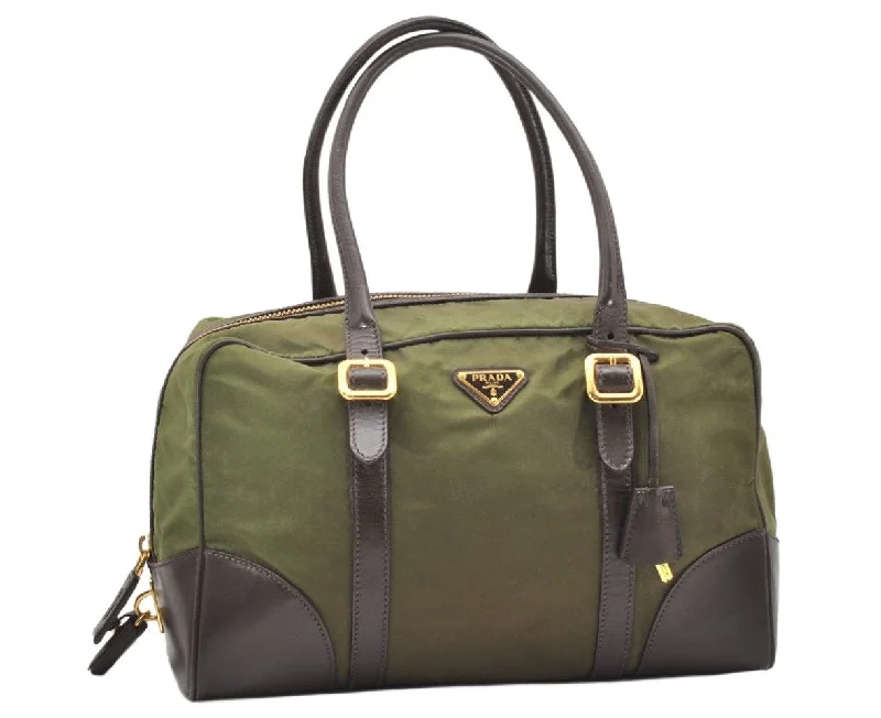 Prada tote bags with a water - resistant coating for outdoor activitiesAuthentic PRADA Nylon Tessuto Leather Shoulder Boston Bag Khaki Green 7632K