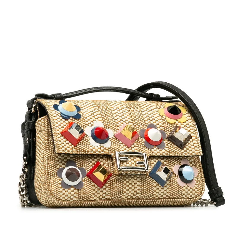 Fendi By The Way bags with a printed map pattern for a travel - inspired lookFENDI FENDI 8M0371 Shoulder Bag Leather/Rafia Beige Black Multicolor