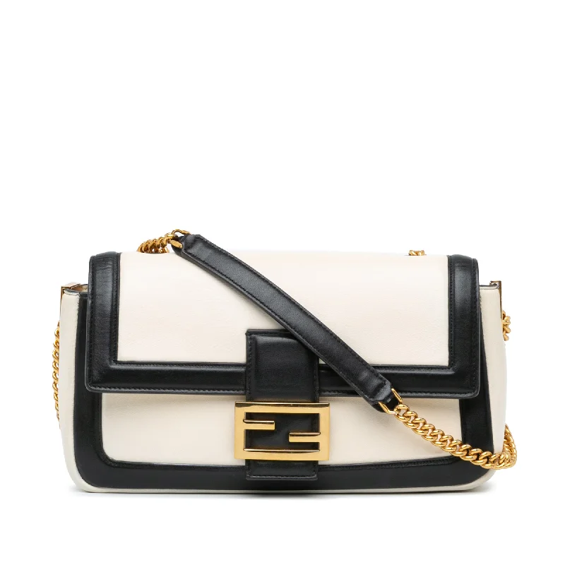 Fendi By The Way bags with a laser - cut leather detail for a modern and intricate lookWhite Fendi Bicolor Leather Chain Baguette Shoulder Bag