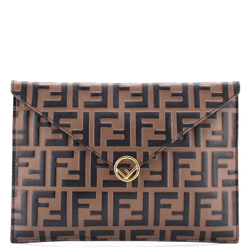 Fendi bags with a front - flap pocket and a turnlock for a classic and elegant aestheticF is Fendi Envelope Flat Pouch Zucca Embossed Leather Large