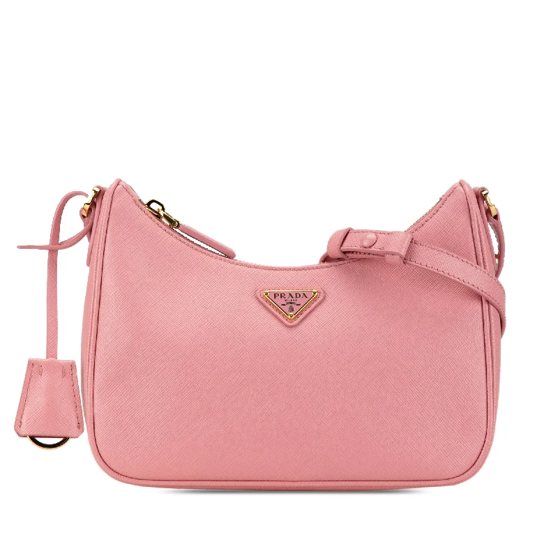 Ladies Prada handbags with a detachable wallet inside for added conveniencePink Prada Mini Saffiano Re Edition Shoulder Bag