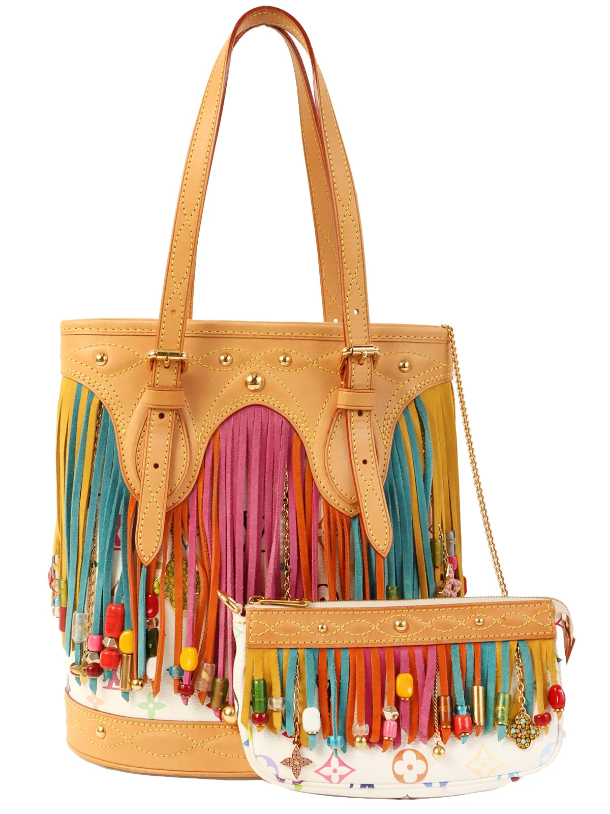 Ladies Louis Vuitton Petite Malle bags in a pastel color for a soft lookLOUIS VUITTON 2006 Made Multi Color Monogram Bucket Fringe　Blanc/Multi