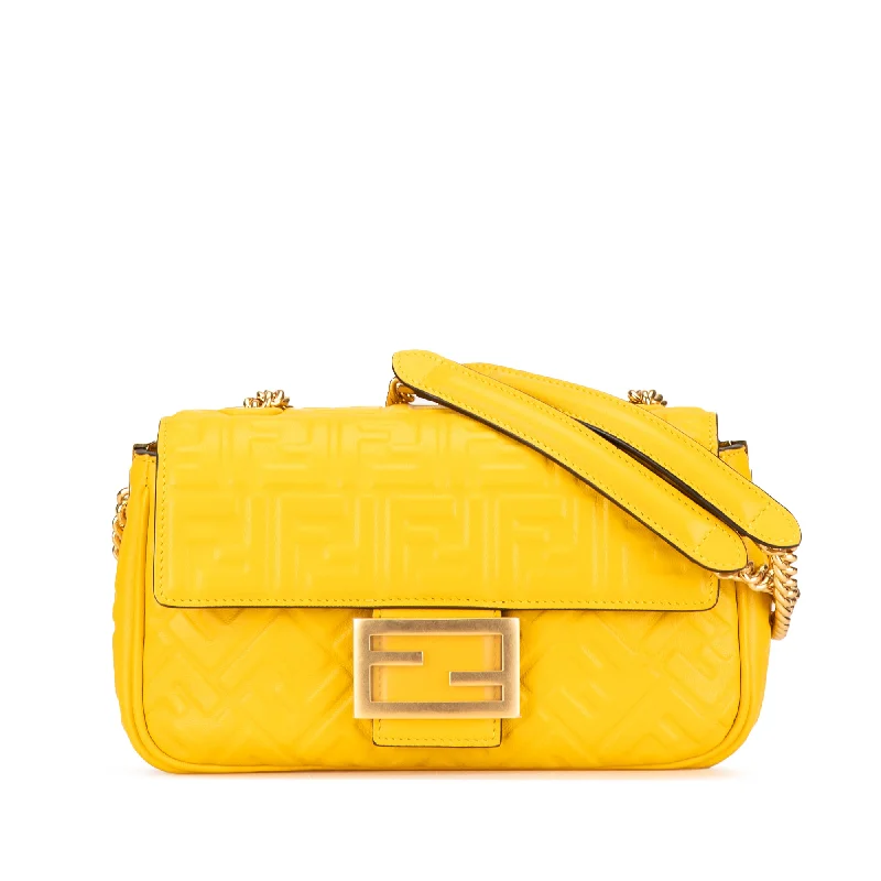 Fendi bags with a magnetic - closure card holder inside for easy access to cardsYellow Fendi Zucca Embossed Chain Midi Baguette Shoulder Bag