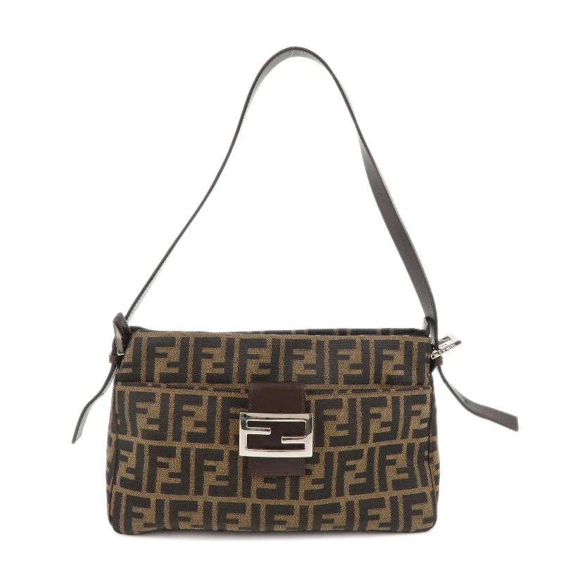 Fendi By The Way bags with a large capacity and a drawstring closureFENDI Zucca Canvas Leather Shoulder Bag Brown Black 26566