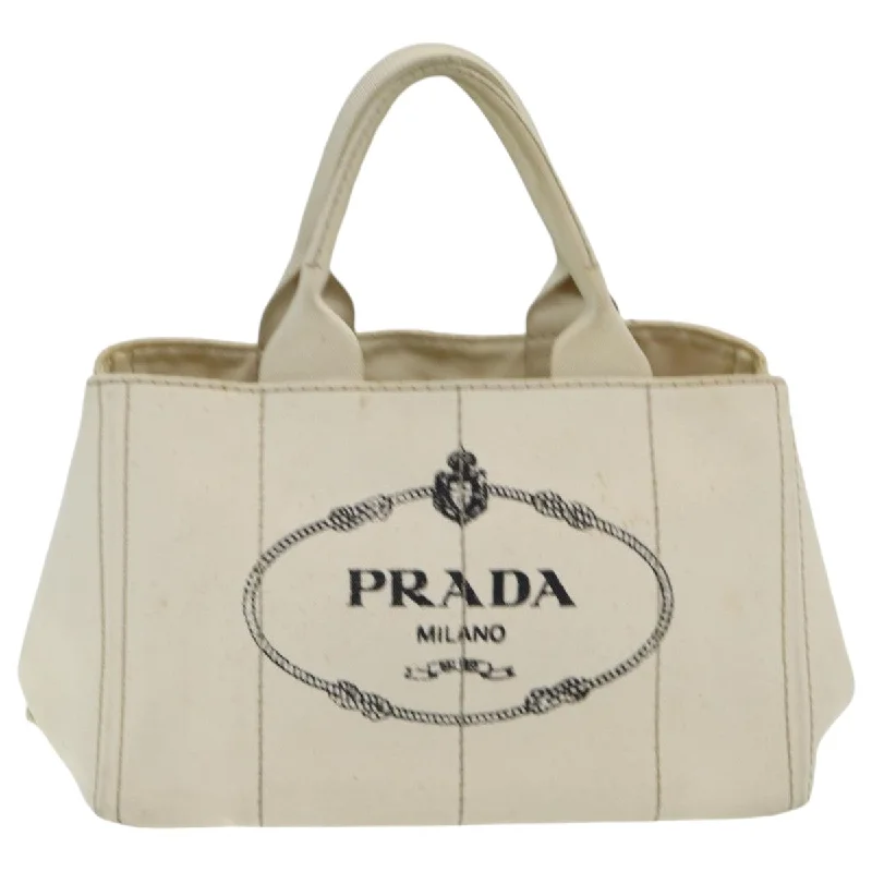 Prada handbags with a patent - leather finish for a shiny and sophisticated appearancePRADA Canapa MM Hand Bag Canvas Cream  83516