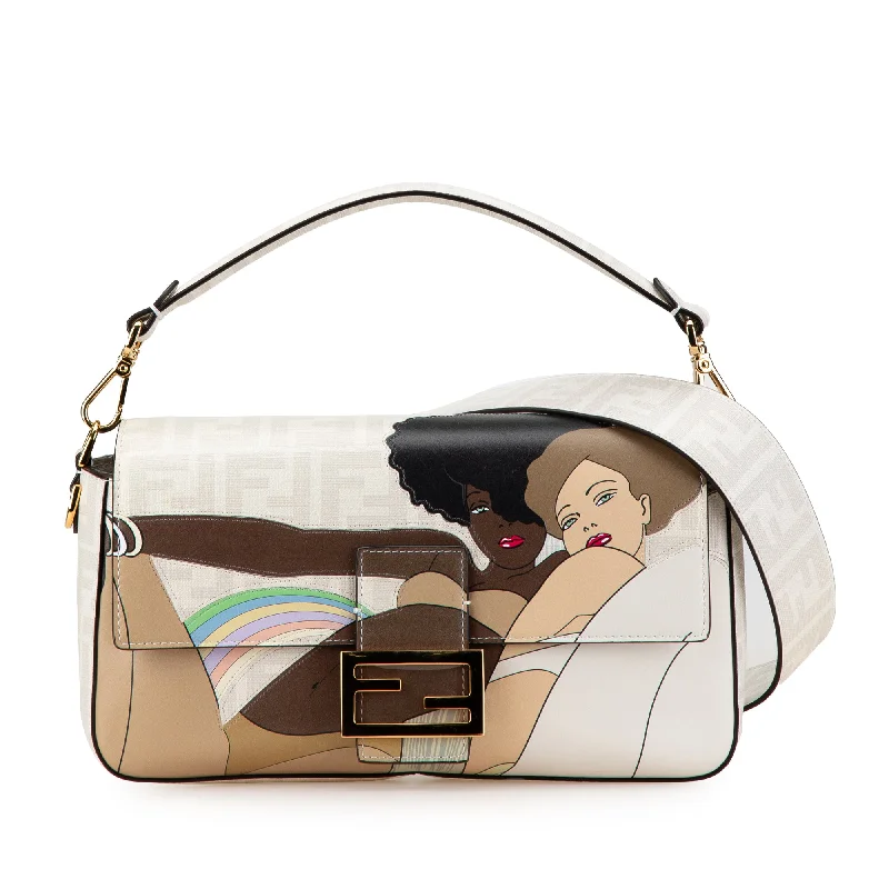 Fendi bags with a touch - screen - friendly pocket for using devices without taking them outWhite Fendi Zucca Graphic Print Coated Canvas Bikini Girls Baguette Satchel