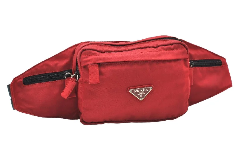 Ladies Prada shoulder bags with a tassel - adorned zipper for added charmAuthentic PRADA Vintage Nylon Tessuto Waist Body Bag Purse Red 7488K