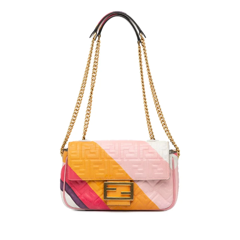 Ladies Fendi Baguette bags with a star - shaped charm for a playful and trendy touchPink Fendi Zucca Embossed Chain Midi Baguette Shoulder Bag