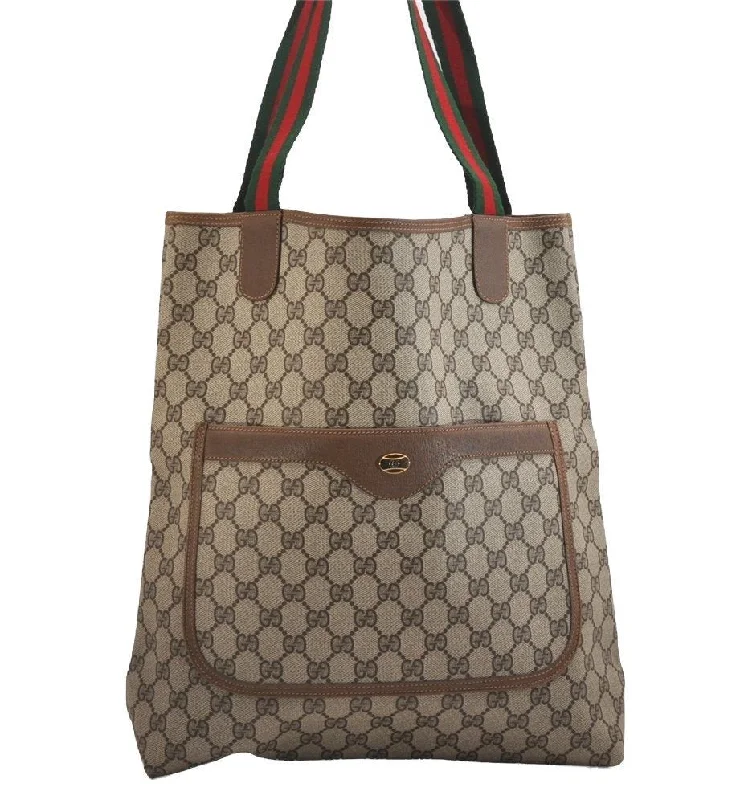 Women Gucci bags with interlocking G hardware for a classic lookAuthentic GUCCI Web Sherry Line Shoulder Tote Bag GG PVC Leather Brown 2113I