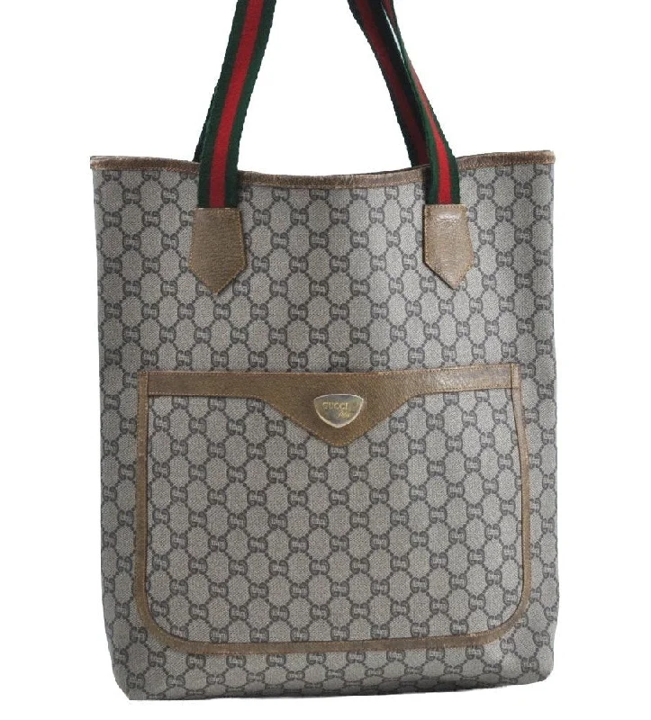 Gucci backpacks for women with a sleek silhouetteAuthentic GUCCI Web Sherry Line GG Plus Tote Bag PVC Leather Brown K4163