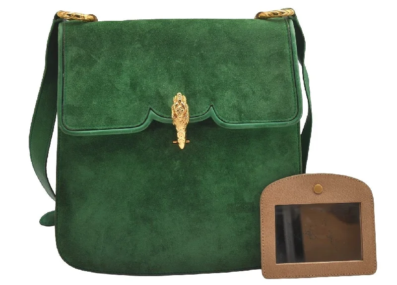 Women Gucci Sylvie bags with a monogram - embossed leatherAuthentic GUCCI Animalier Tiger Shoulder Crossbody Bag Suede Leather Green 2163I