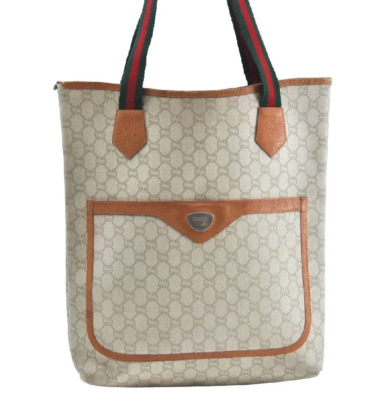 Women Gucci bags with interlocking G hardware for a classic lookAuthentic GUCCI Web Sherry Line GG Plus Tote Bag PVC Leather Beige K1835