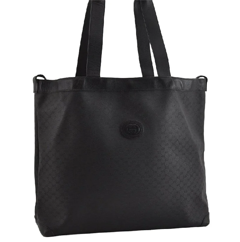 Women Gucci bags with a chain - link trim and a leather bodyAuthentic GUCCI Vintage Micro GG PVC Leather Shoulder Tote Bag Black 2360I