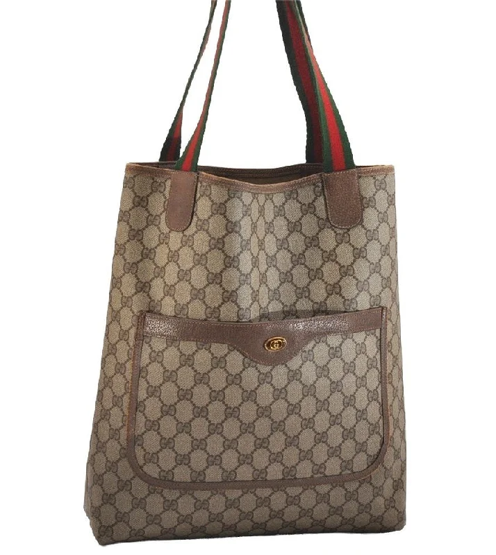 Women Gucci bags with a detachable mobile phone holderAuthentic GUCCI Web Sherry Line Shoulder Tote Bag GG PVC Leather Brown 2108I