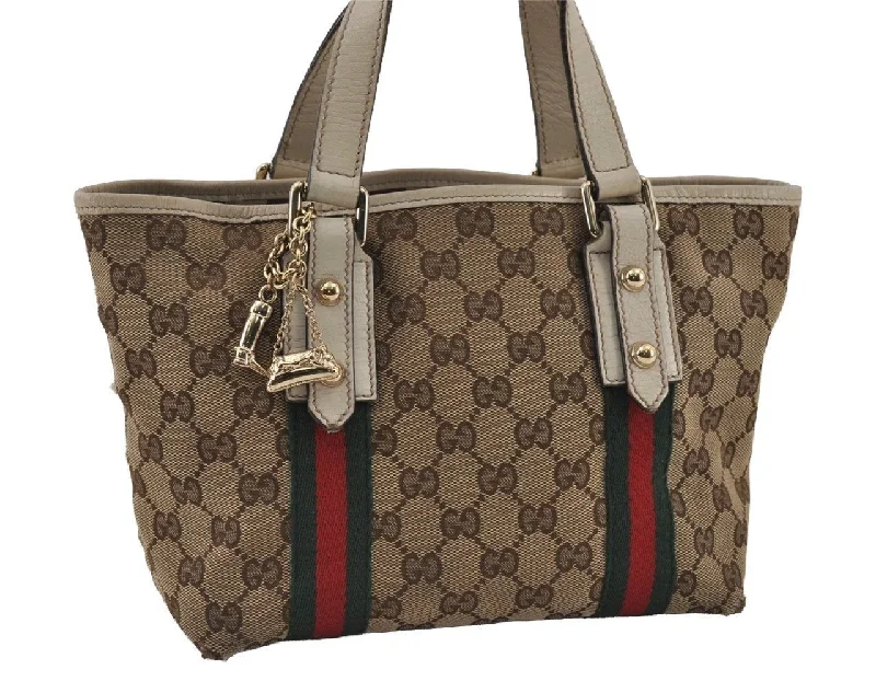 Women Gucci crossbody bags with a printed floral patternAuthentic GUCCI Web Sherry Line Tote Bag GG Canvas Leather 139261 Brown 2130I