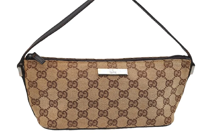 Women Gucci bags with a front - zip pocket for small itemsAuthentic GUCCI Hand Bag Pouch Purse GG Canvas Leather 0391103 Brown 2146I