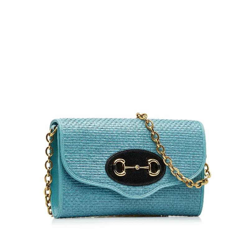 Women Gucci bags with a detachable mirror insideGucci Horsebit 1955 Raffia Chain Bag (4v9ib8)