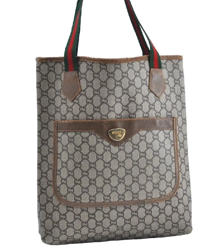 Gucci backpacks for women with a padded laptop compartmentAuthentic GUCCI Web Sherry Line GG Plus Tote Bag PVC Leather Brown K4270