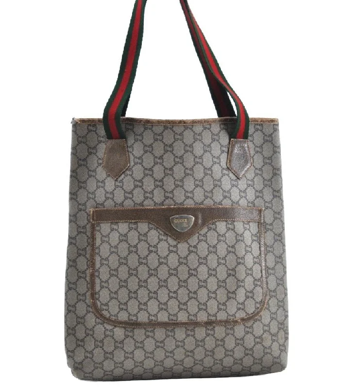 Women Gucci bags with interlocking G hardware for a classic lookAuth GUCCI GG Plus Web Sherry Line Shoulder Tote Bag PVC Leather Brown J9032