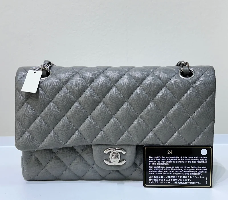 Chanel bags with leather and tweed combinationsChanel bags with leather and tweed combinationsCHANEL Caviar Quilted Medium Double Flap Grey