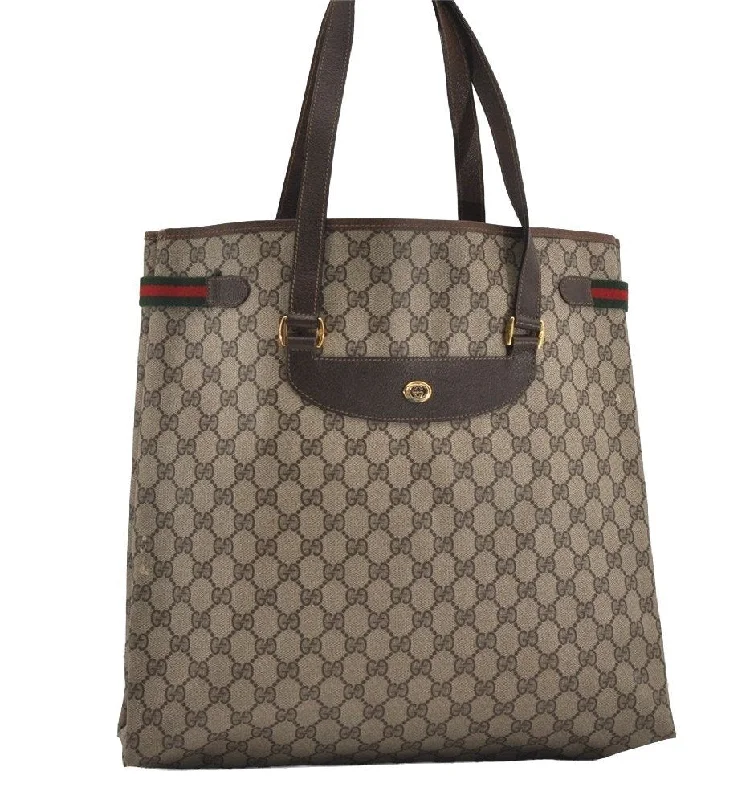 Women Gucci Sylvie bags with a monogram - embossed leatherAuthentic GUCCI Web Sherry Line Shoulder Tote Bag GG PVC Leather Brown 2112I