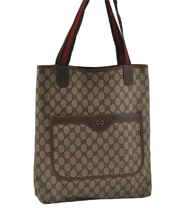 Ladies Gucci Dionysus bags with a chain - link shoulder strapAuthentic GUCCI Web Sherry Line Shoulder Tote Bag GG PVC Leather Brown 2147I