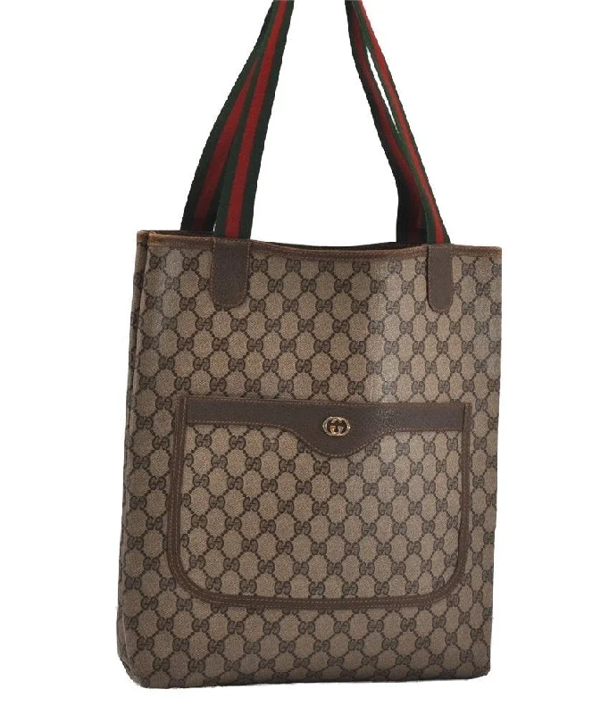 Gucci handbags for women with a beaded trimAuthentic GUCCI Web Sherry Line Shoulder Tote Bag GG PVC Leather Brown 2098I